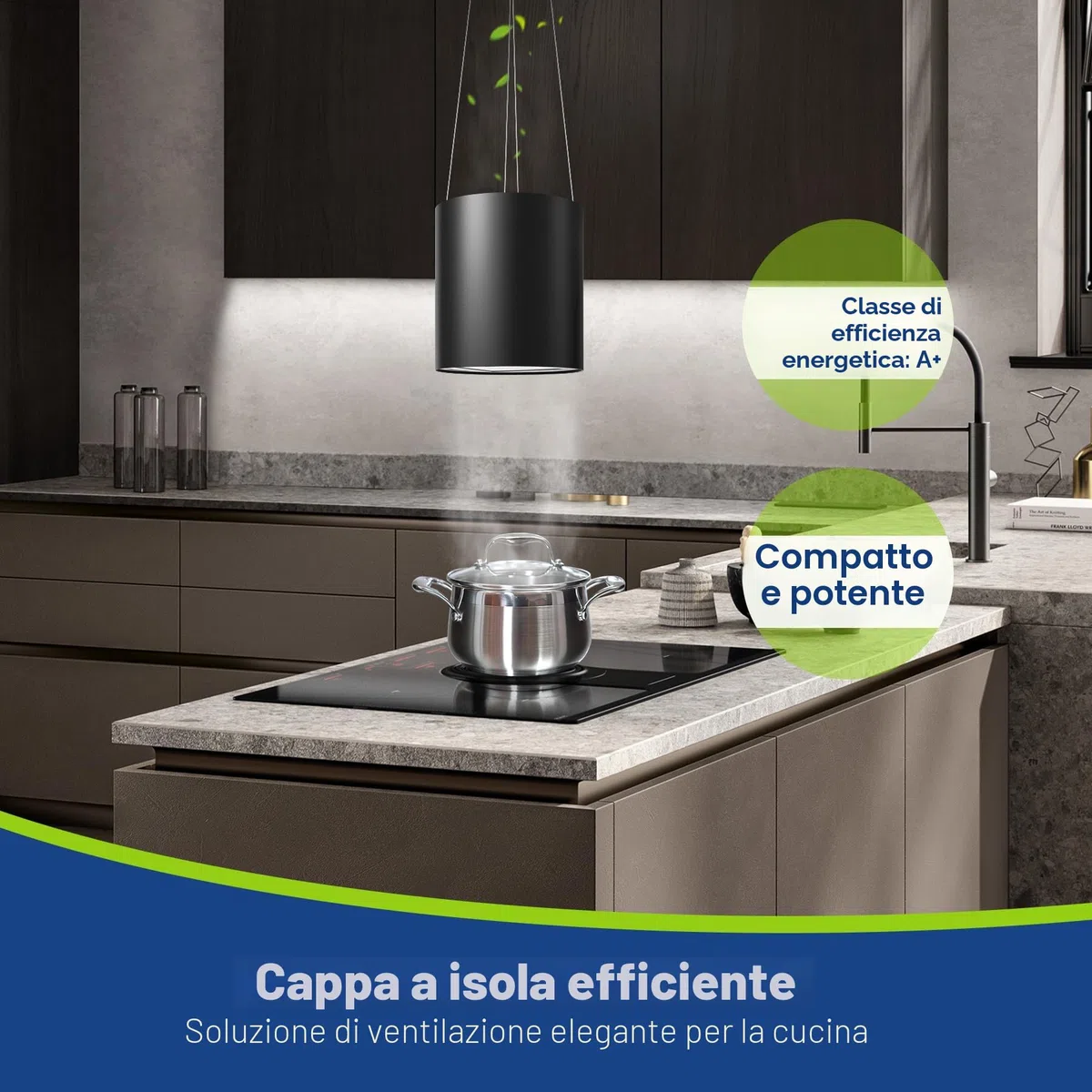 SNDOAS Cappa Sospesa, 700 m³/h Cappa Aspirante a Isola con Filtro Carbone, Telecomando, 35cm Cappa Cucina a Ricircolo d'aria a 3 Livelli, LED