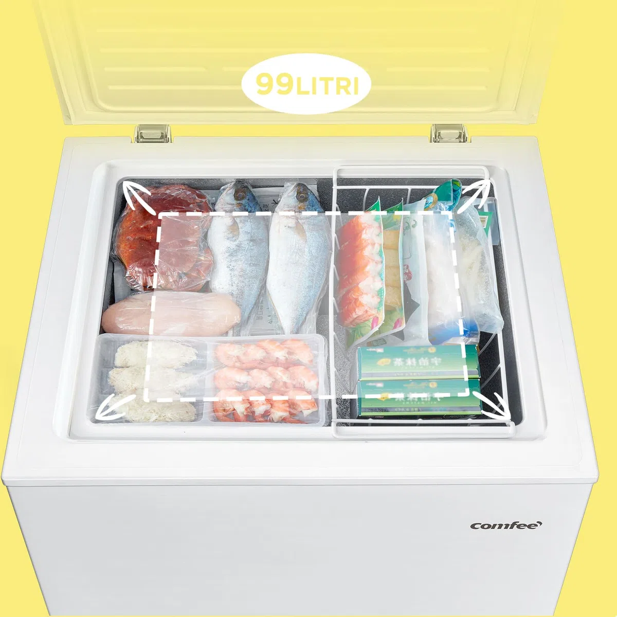 COMFEE' RCC100WH2(E) Congelatore a pozzetto, 99 Litri, Libera installazione, Silenzioso 38 dB, Sistema di raffreddamento D+, Controllo digitale, Adatto a vari scenari, Bianco
