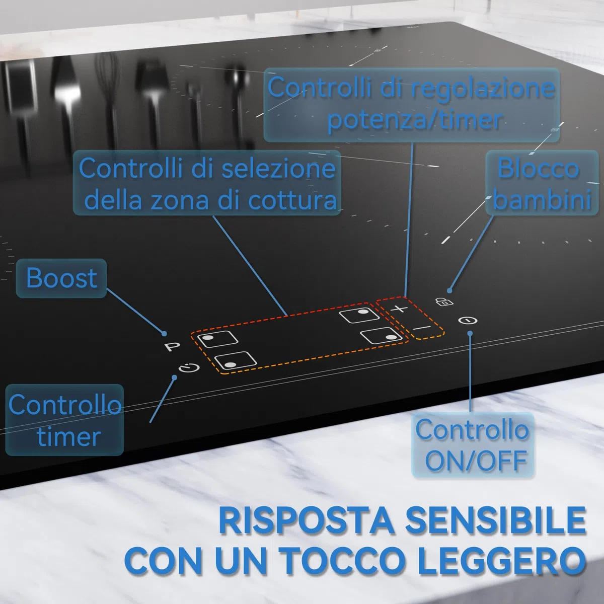 Hermitlux Piano Cottura a Induzione 4 Fuochi 60cm 7200W Comandi Touch Nero