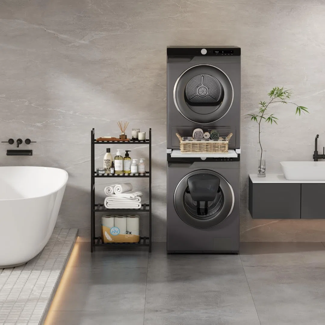 Ripiano Estraibile per Lavatrice e Asciugatrice 60x60 cm – Supporto Intermedio Salvaspazio con Binari in Alluminio, Piedini Antivibrazione, Cinghia di Sicurezza – Piano Piegabiancheria Robusto