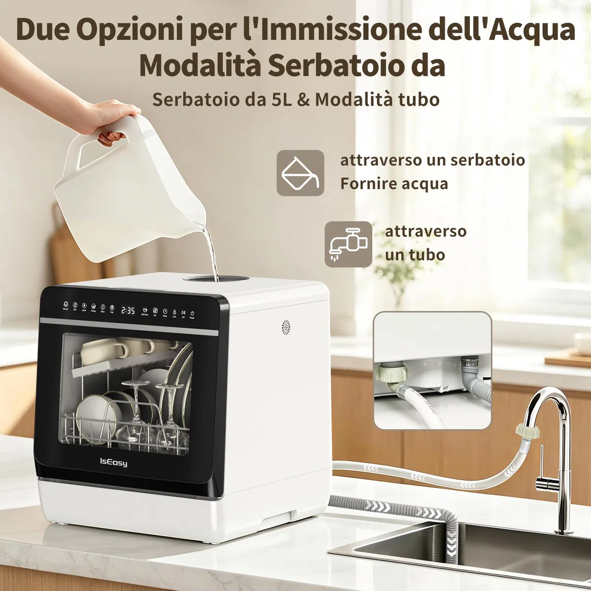 Mini Lavastoviglie da Tavolo, con Funzione di Addolcimento Dell'acqua, Lavastoviglie portatile da 5L, 7+3 Programmi, Touch Control e Display LED, Ideale per Cucine, Apt e Dormitori