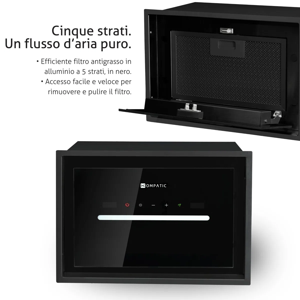 HANA 40 KPHN40BIB Cappa aspirante Incasso, A++, 40 cm, Controllo gestuale, Touch, Telecomando, Modalità purificazione aria, 450 m³/h, LED dimmerabile, Regolazione temperatura colore, Nero