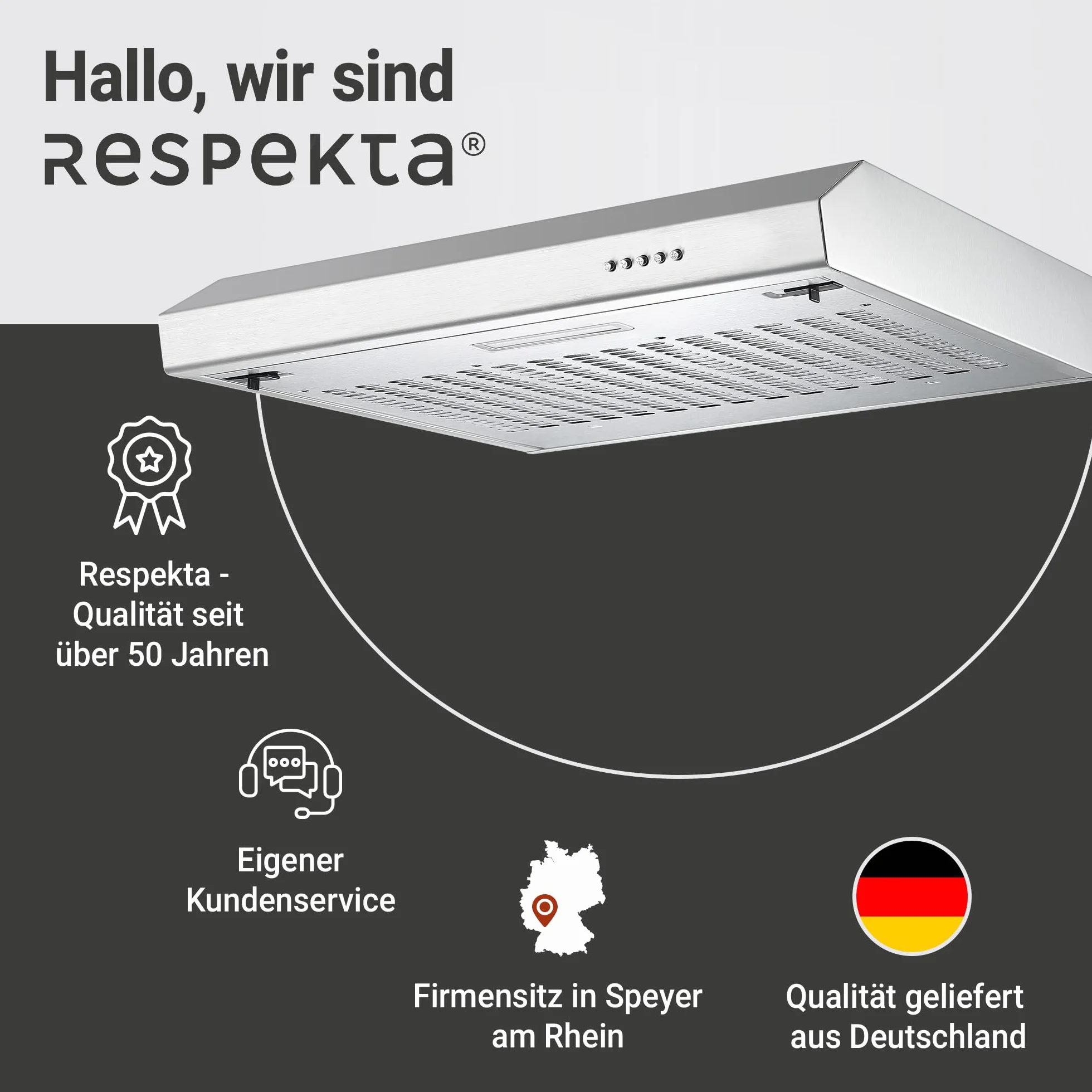 Respekta Sina cappa sottopensile inox/cappa aspirante 50 cm/corpo inox di qualità/funzione aspirazione e espulsione aria / CH500IX-19 / classe efficienza energetica A+ / 53–64 dB