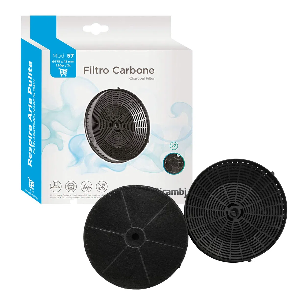eRicambi, Filtro Cappa a Carboni Attivi, Modello 57, Confezione 2 Pezzi, 180 x 38 mm, KIT0161388 - CFC0038668 - CFC0140343, per Modelli: Acuta, Amelie, Box In, Made In Italy