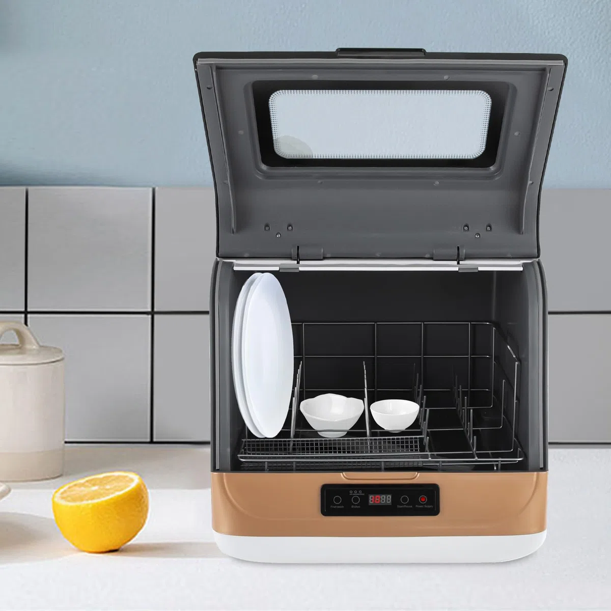 Gold - Lavastoviglie da tavolo moderna, mini lavastoviglie, con 360°, asciugatura, per appartamenti e caravan, 800 W