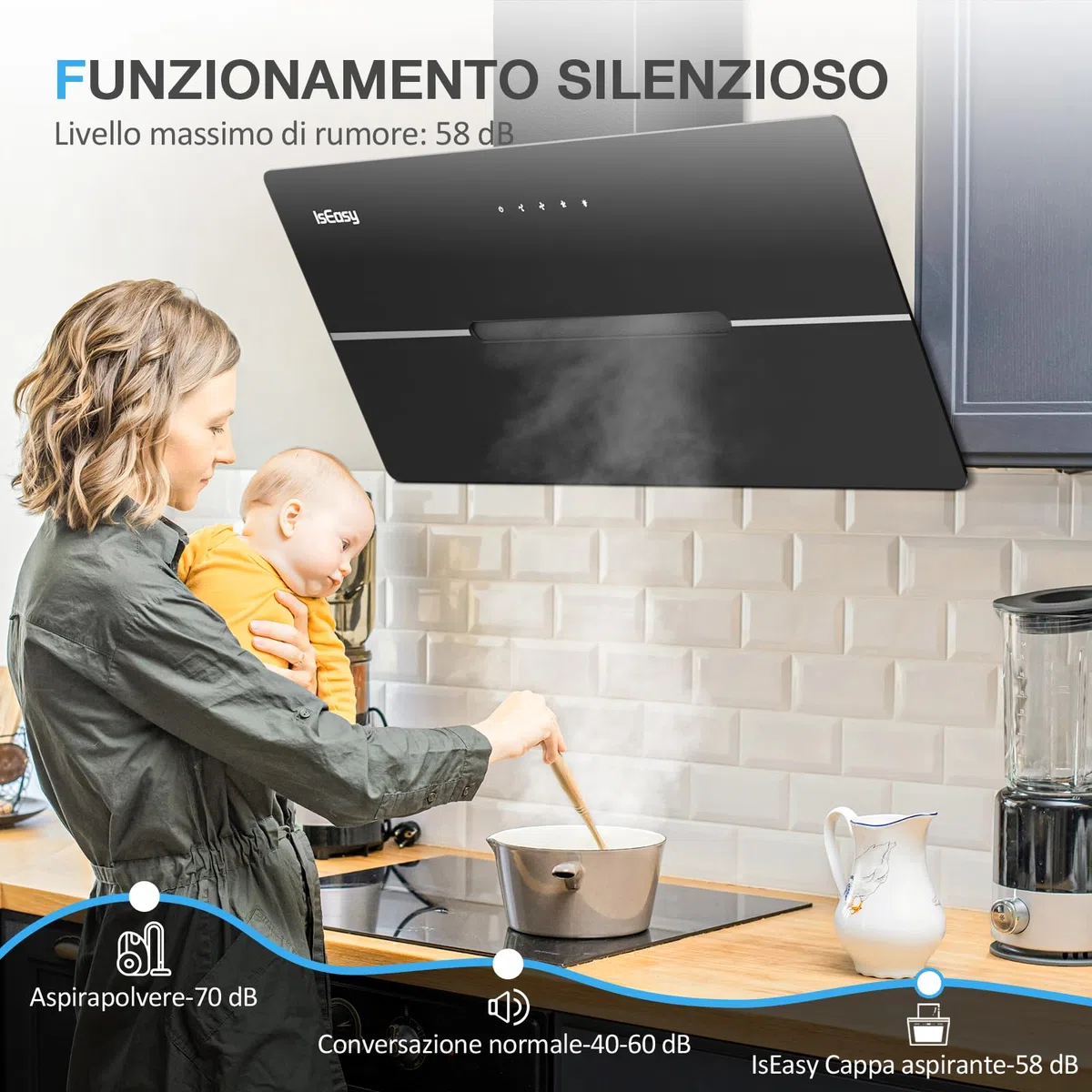 IsEasy Cappa Aspirante 90cm Inclinata, Cappa Cucina di Scarico/Ricircolo con 578 m³/h Forte Potenza di Aspirazione, 3 Livelli di Regolazione, 58 dB, Funzionamento Touch, Nero, Efficienza A++
