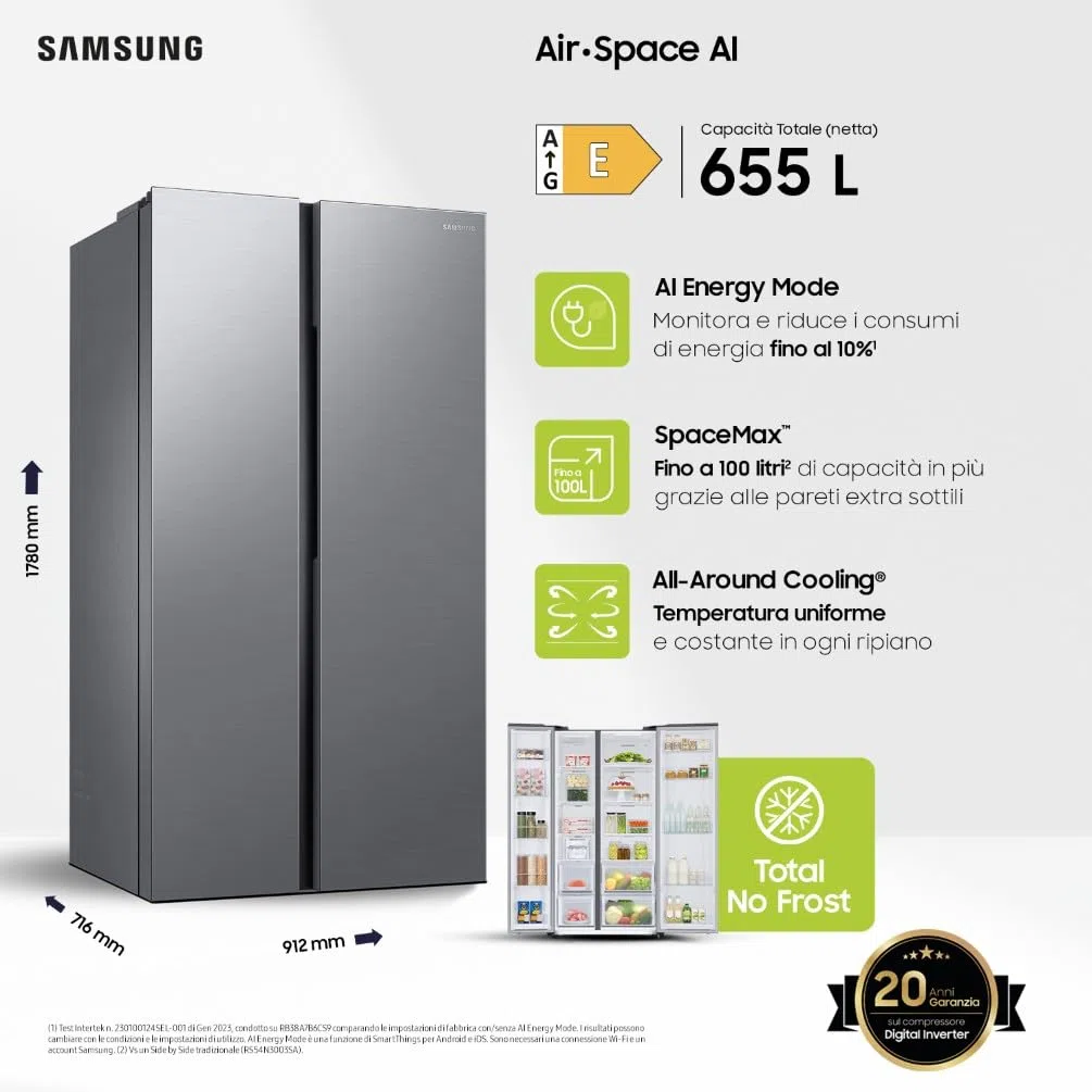 Samsung Frigorifero Side by Side Samsung Air Space AI RS62DG5003S9/EF, Wifi, All Around Cooling, SpaceMax, Ice Maker, 655 L, LxAxP: 91,2 x 178 x 71,6 cm, Metal Inox