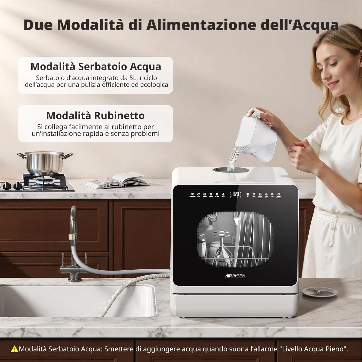 AIRMSEN Mini Lavastoviglie da Tavolo, lavastoviglie portatile da 5L, 8+3 Programmi, Avvio Ritardato 1–18 h, Sistema di Addolcimento e Blocco Bambini