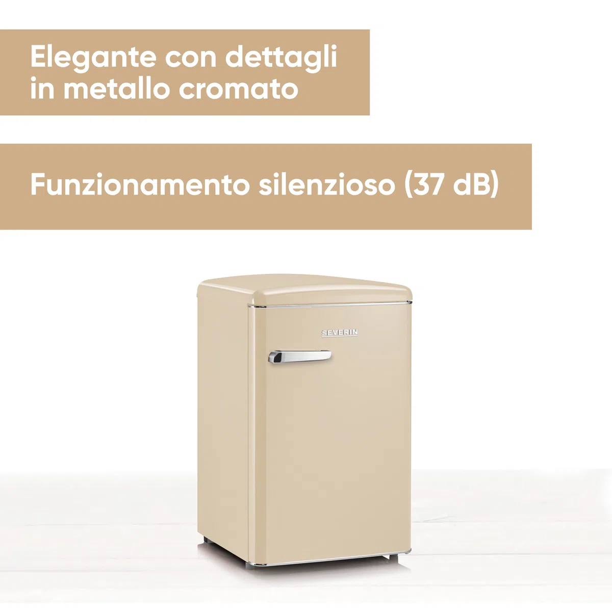 SEVERIN Mini Frigorifero Retrò Crema, 108 Litri, Congelatore 13L, Silenzioso (37 dB), Classe D, Luce LED, Cassetto Veggibox, Maniglie Cromate, Portabottiglie, 55,0 x 61,5 x 89,5 cm - RKS 8833