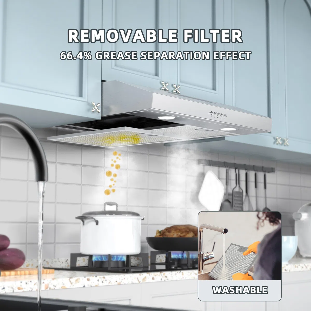 FIREGAS Cappa sottopensile da 60 cm, scarico e ricircolo, motore brushless, risparmio energetico, 3 velocità, acciaio inox, efficienza classificata A