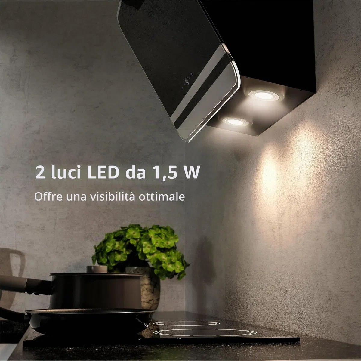 FIREGAS Cappa Aspirante 60 cm, Motore Senza Spazzole, 578 m³/h, 9 Velocità, Illuminazione LED, Controllo Tattile, Silenziosa 35dB, Classe A++, Filtro a Carboni Attivi e Tubo di Scarico Incluso