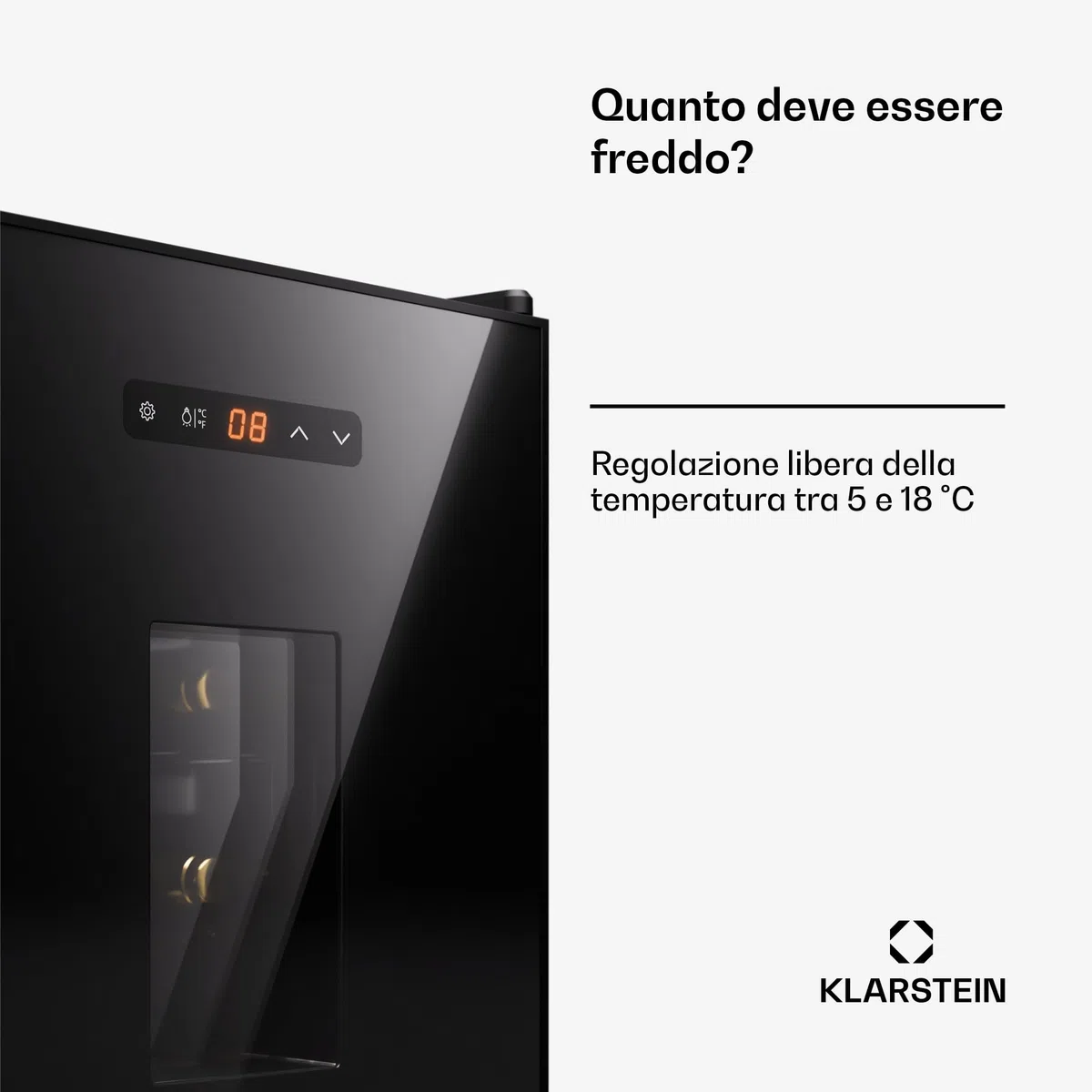 Klarstein Cantinetta Vino Refrigerata a Zona Singola, Frigo Bar, Cantina Vino con Porta in Vetro, Mini Frigo Silenzioso, 5-22°C 16 Bottiglie