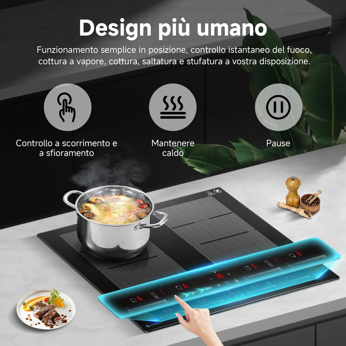 AMZCHEF Piano cottura a induzione 4 fuochi con 2 zone flessibili, con funzionamento silenzioso, 9 livelli di potenza e funzione booster - funzione BBQ, pausa e mantenimento in caldo, 60cm, 7400W