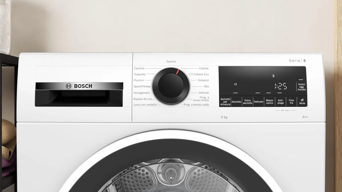 Bosch WQG24108IT Serie 6, Asciugatrice a pompa di calore, capacità 9 kg, EasyClean: i filtri per la lanugine, Cestello Lana, Mezzo carico, Programma Rapido