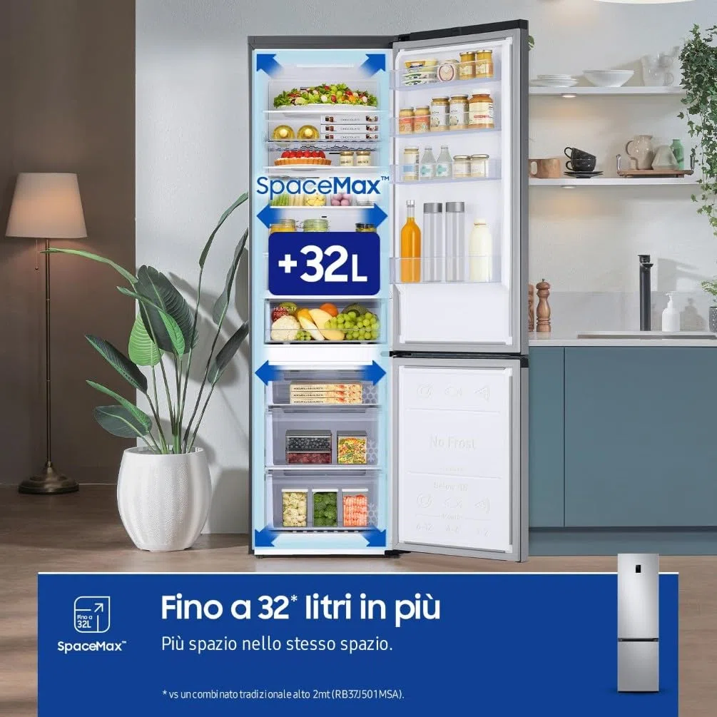 Samsung EcoFlex AI RB38C672CSA/EF Frigorifero Combinato, WiFi, SpaceMax, Total No Frost, All Around Cooling, Motore Digital Inverter Garantito 20 Anni, 390 L, LxAxP: 59,5 x 203 x 65,8 cm, Silver Inox