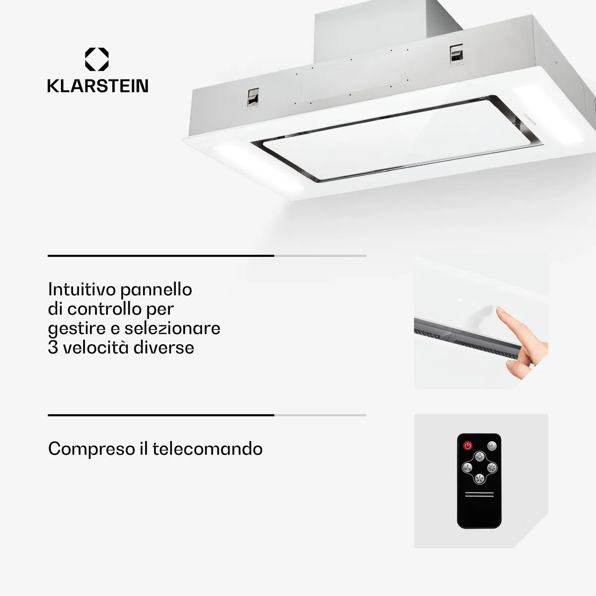 Klarstein Remy - Cappa Cucina, Cappa Aspirante ad Incasso, Controllo Touch, Cappa ad Isola, Illuminazione Piano Cottura, LED, Fino a 620 m³ / h, Telecomando, 90 cm, Bianco