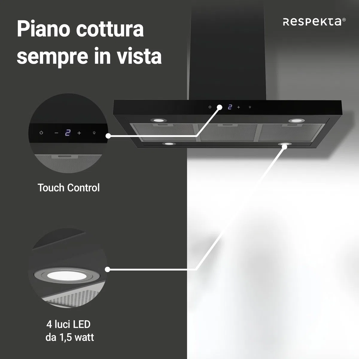 Cappa aspirante a isola, 90 cm, nero opaco, Touch Control Respekta