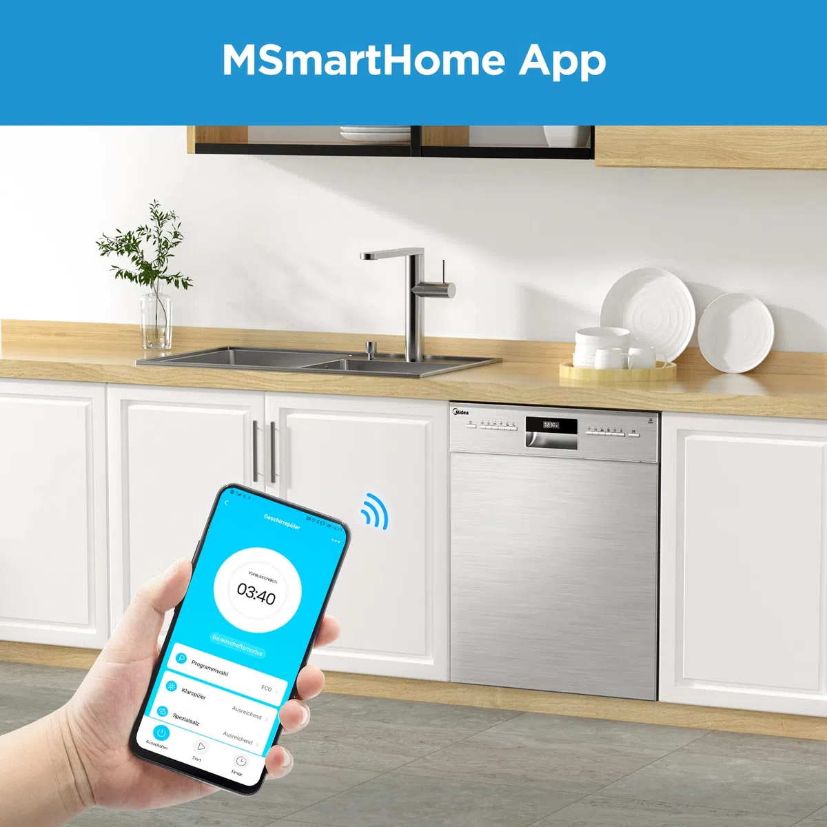Midea MDWEU1435XSS-W, 14 controsoffitto, lavastoviglie 60 cm, parzialmente integrabile con WiFi, asciugatura extra, 7 programmi, 47 dB, ritardo di avvio 0-24h, acciaio inox