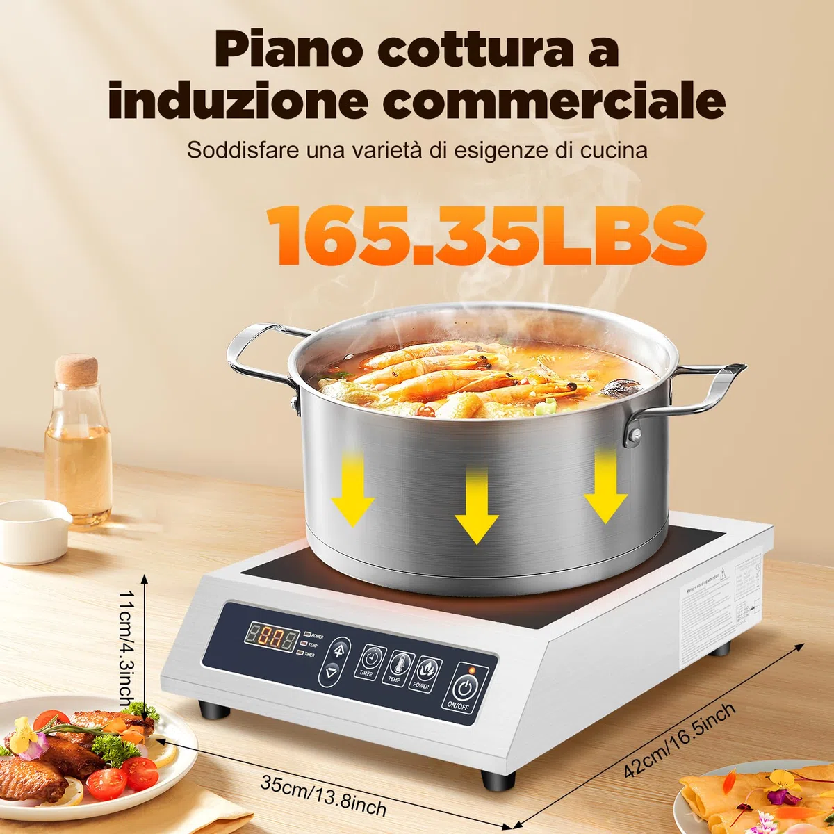 Piano cottura a induzione, 3500 W, commerciale, 11 livelli di potenza, indicatore LED, rilevamento automatico, piano cottura professionale in acciaio inox con bobina di rame e portata 75 kg, per