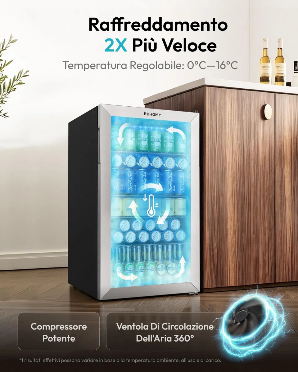 EUHOMY Frigorifero per bevande, mini frigo per 126 lattine con porta in vetro, piccolo frigorifero con ripiani regolabili per limonata, birra o vino, perfetto per casa/bar, ufficio, argento, acciaio