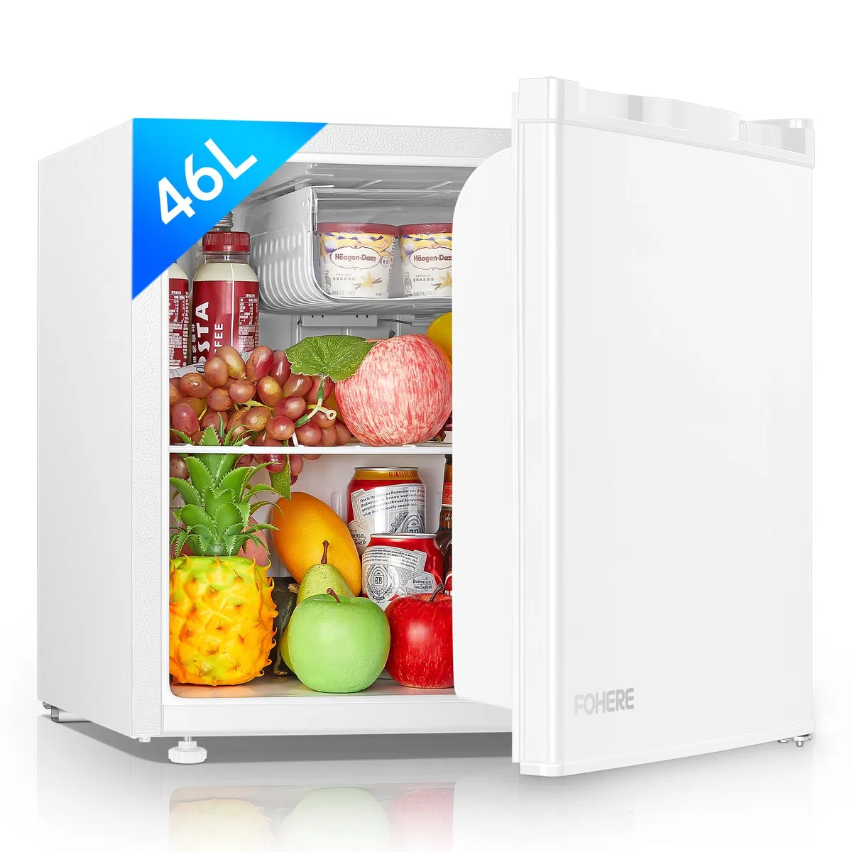 FOHERE Mini Frigo, 46 Litri, Frigorifero Hotel, Ufficio, Casa, Classe Energetica E, Silenzioso, Libera Installazione, Compatto, Termostato Regolabile, Porta Reversibile, Bianco