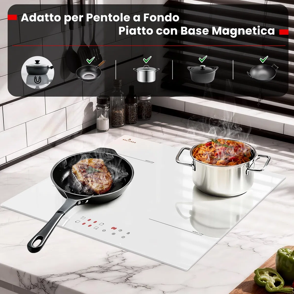 Piano Cottura a Induzione Bianco 4 Fuochi con Spina, Piastra a Induzione da Incasso 60CM, 3500W, Funzionamento Touch, Blocco di Sicurezza, Protezione da Surriscaldamento, 220V