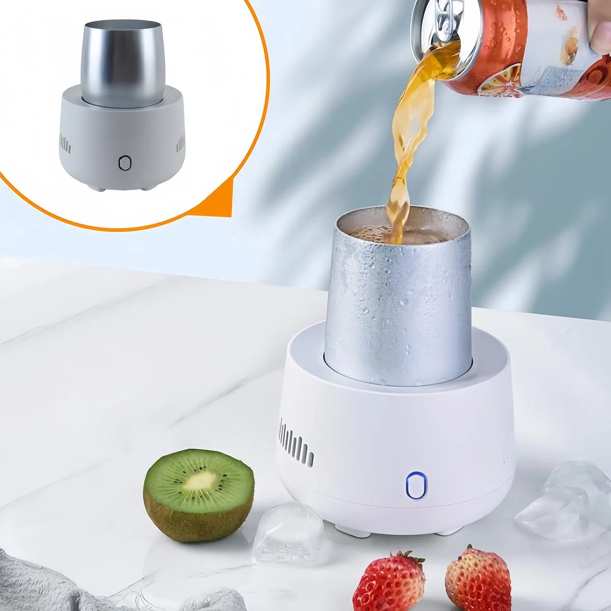 Tazza refrigerante Mood Light, refrigeratore per bevande con coperchio isolato, tazza refrigerante 2 in 1, refrigeratore elettrico per bevande per birra, caffè, succhi e yogurt - Bianco