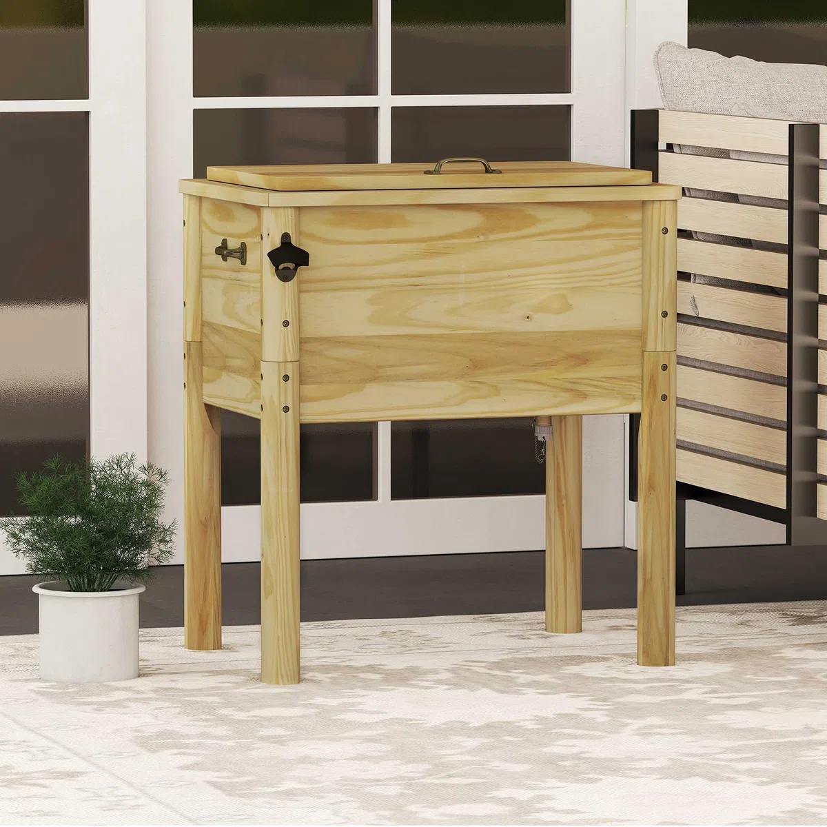 SOARS Frigorifero per rotelle, 51 l, bar all'aperto mobile 67 x 47 x 74 cm, tempo di mantenimento 2-4 ore, materiale in legno di pino solido, per giardino, terrazza, piscina, bistrot, naturale