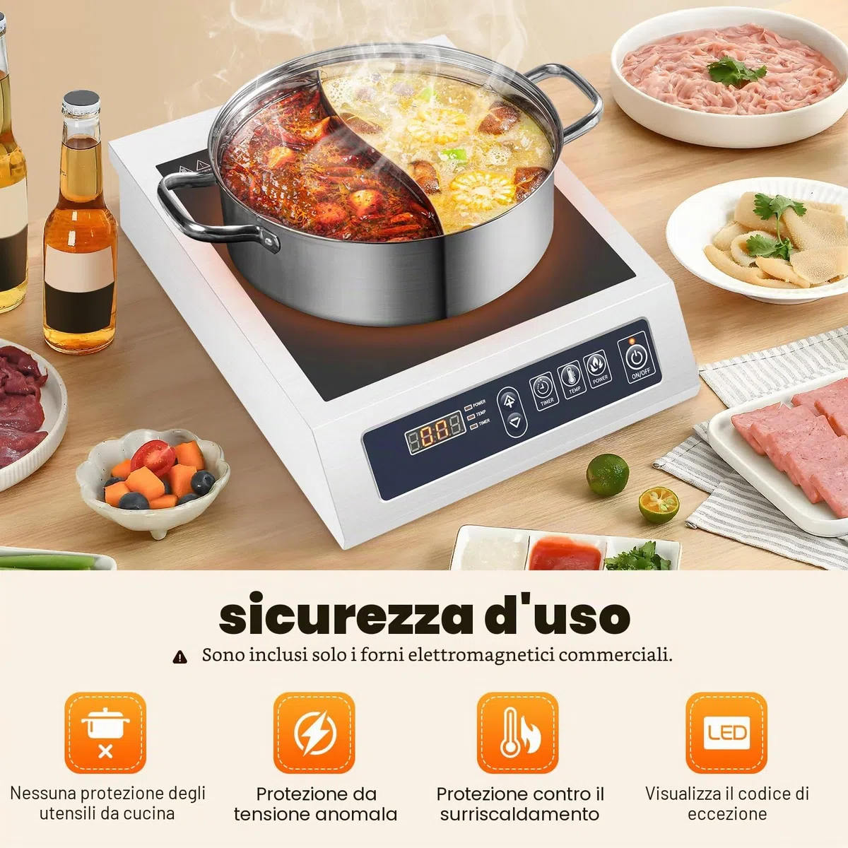 Piano cottura a induzione, 3500 W, commerciale, 11 livelli di potenza, indicatore LED, rilevamento automatico, piano cottura professionale in acciaio inox con bobina di rame e portata 75 kg, per