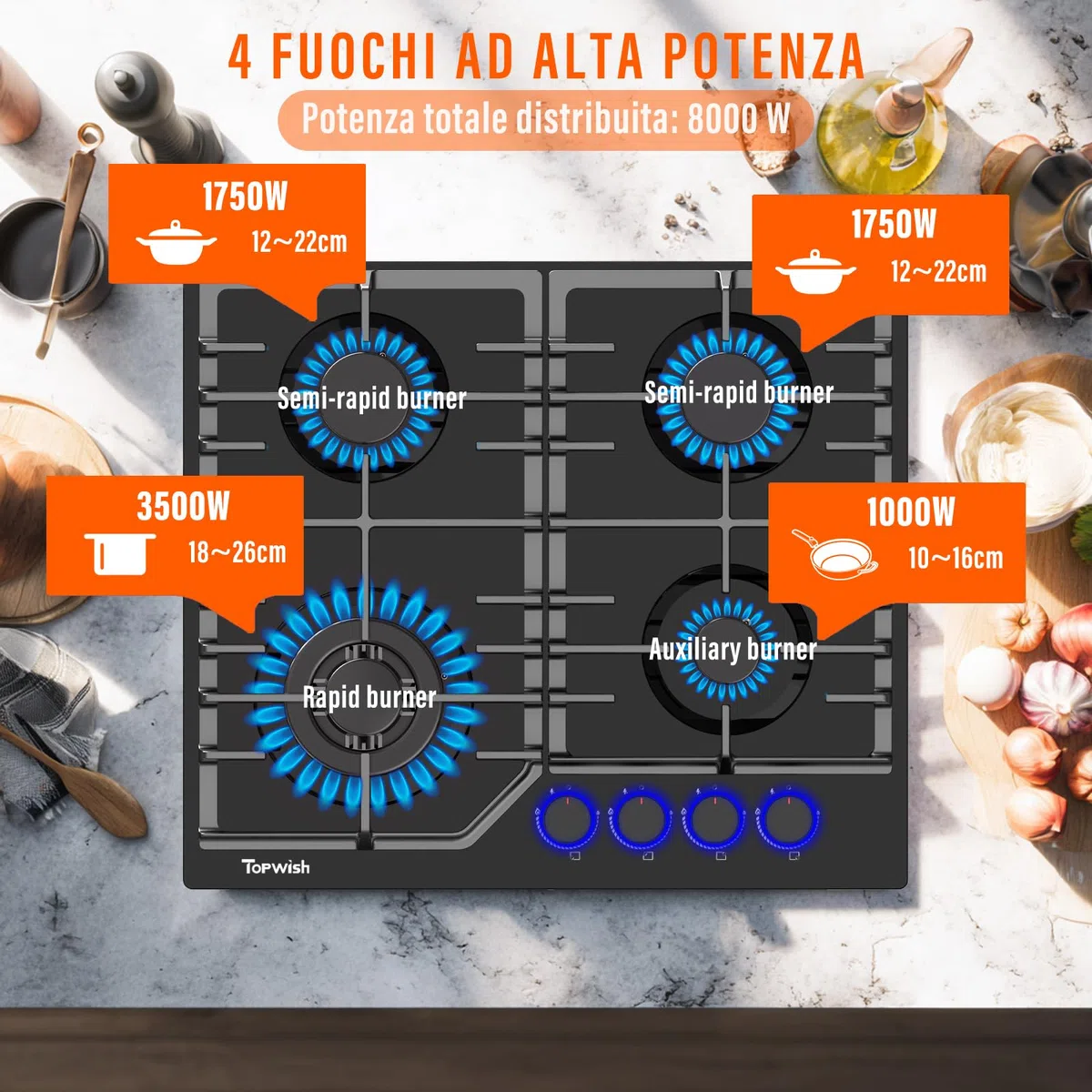 TOPWISH piano cottura gas incasso, piano cottura 4 fuochi gas, con Blu manopole illuminate, NG/LPG convertibile, protezione flame-out, accensione elettronica, 8000 Watt