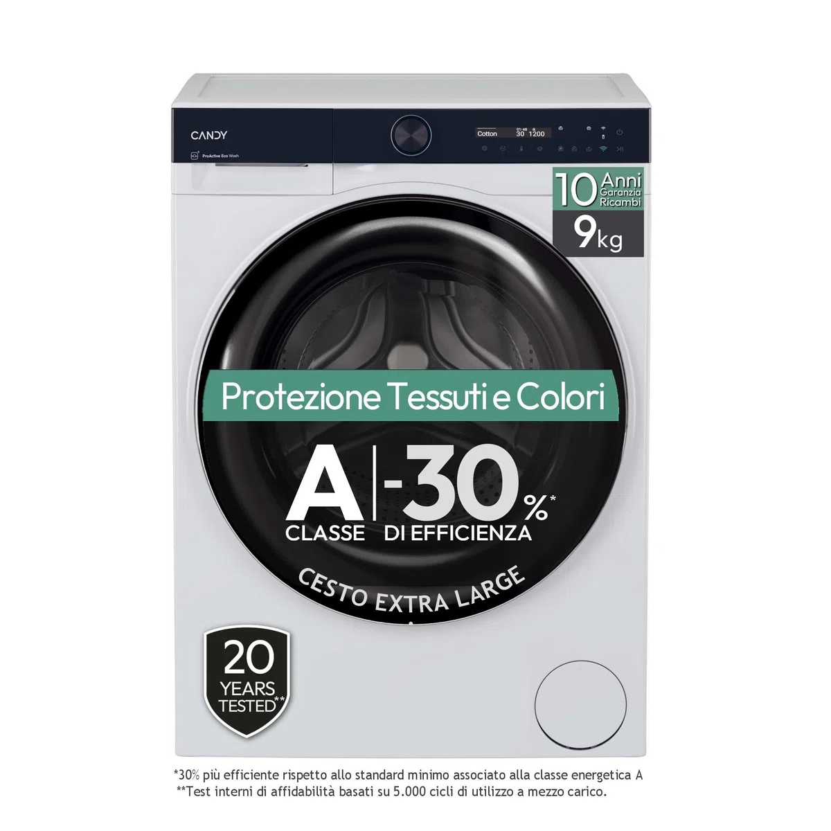 Candy ProWash 700 Lavatrice 9 Kg, Libera Installazione, Carica Frontale, Classe A-30%, 1400 Giri, 16 Programmi, Connessa, Funzione Partenza ritardata, AxLxP 85x60x58 cm, Bianca - BS 49B9-S [Classe A]