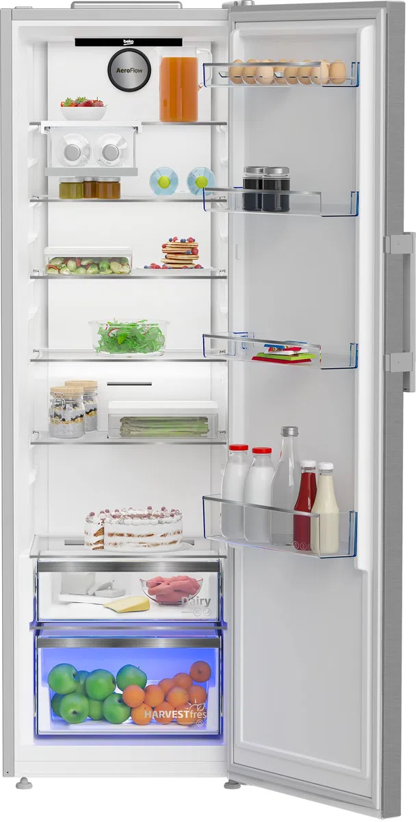 BEKO - B5RMLNE444HX - Frigorifero Monoporta, Total NO FROST, Classe E, Inox, Display Touch, 381 litri, AeroFlow, Harvest Fresh, Dimensioni: HxLxP: 186,5x60x71, porta bottiglie