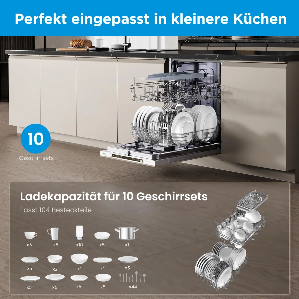 Midea SV 5.14K10C - Lavastoviglie completamente integrata 45 cm, 10 soffitti a misura, lavabile in lavastoviglie con WiFi, 8 programmi, 44 dB, apertura automatica della porta, 0-24H, in acciaio inox