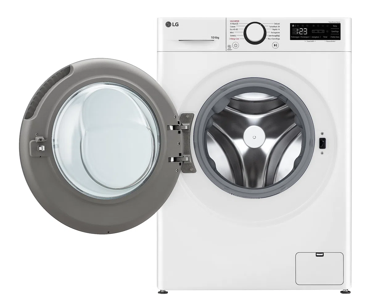 LG AI DD D4R5010TSWS Lavasciuga 10 / 6kg Serie R5 Classe A-10%/D, Lavatrice e Asciugatrice Insieme, 1400 giri, TurboWash360, Steam, Eco Hybrid, Allergy Care, Motore Inverter Direct Drive, Bianca