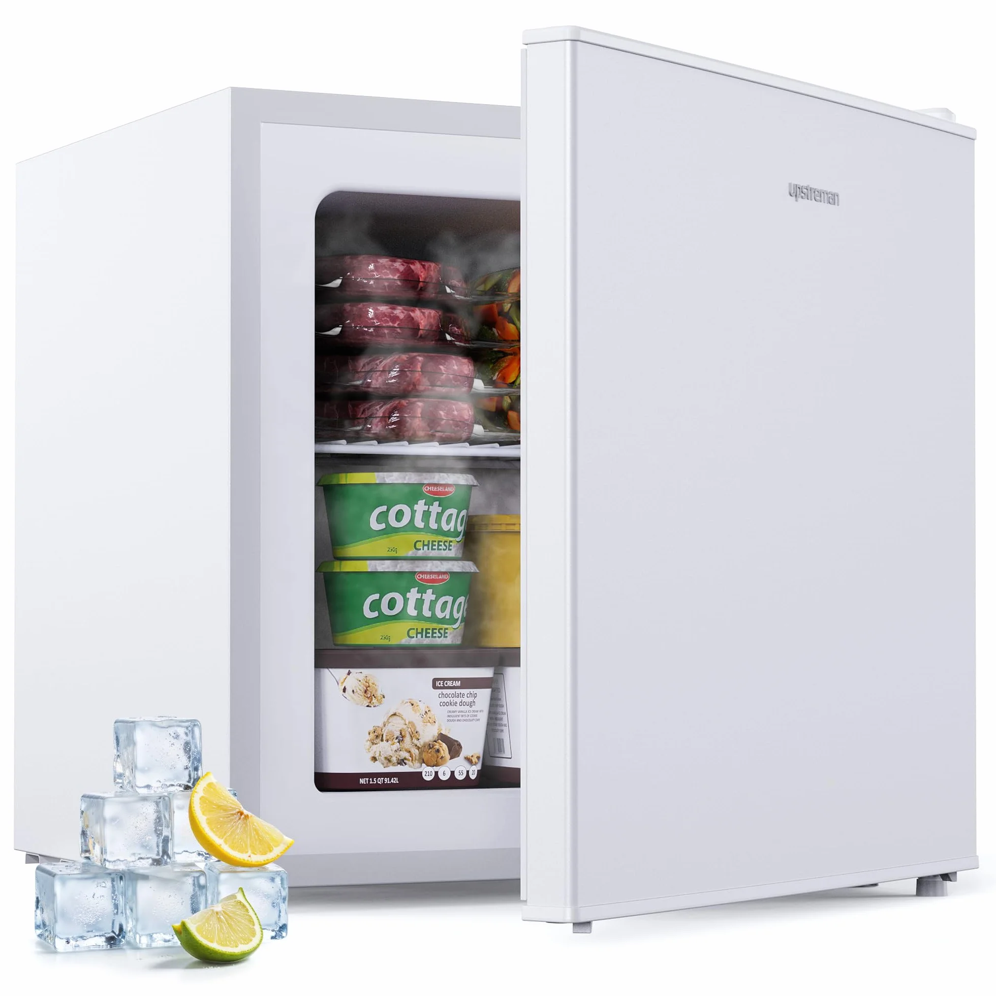 Upstreman 35L Mini Congelatore Compatto, 4 Stelle Congelatore Piccolo -24℃,Porta Reversibile,Silencieux,Risparmio Energetico,Mini Freezer per Camera,Ufficio,Hotel,Bianco,UF35