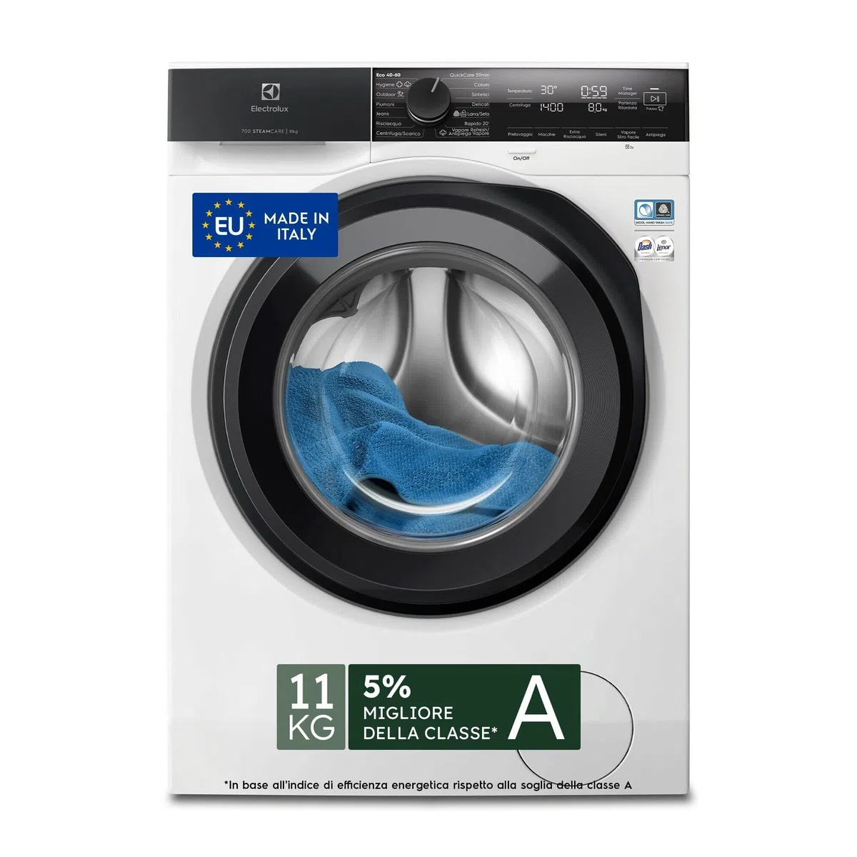 Electrolux EW7F411G Lavatrice a Carica Frontale, Tecnologia SteamCare e SensiCare+, Serie 700, 11 kg, 1400 Giri al Minuto, Cesto CareDrum, 847x597x636 mm, Bianco, Classe A