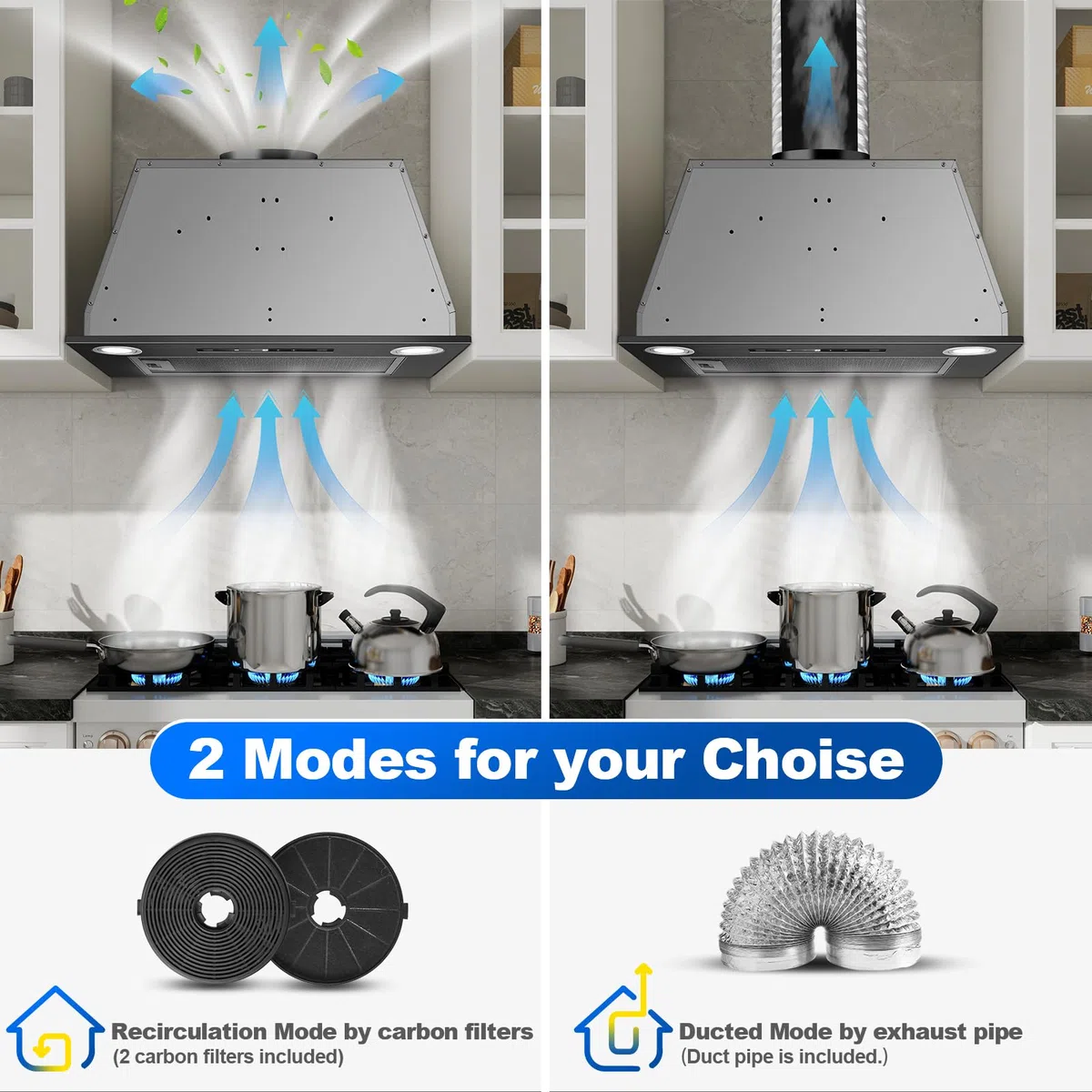 Cappa da incasso 52 cm, 400 m³/h, Nero Cappa da cucina, Comandi Gesto, Tocco, 3 velocità e Booster, Illuminazione a LED, Evacuazione dei condotti e ricircolo con filtro carbone attivo