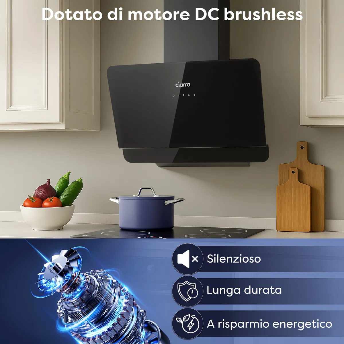 Ciarra CBCB6765C Cappa Aspirante 60cm - Classe A+ - 580m³/h - 3 Velocità - Filtri a Carbone CBCF055 Inclusi - Cappa Inclinata Scarico o Ricircolo - Nera