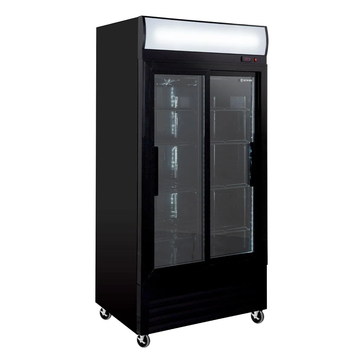 GastroHero Frigorifero per bevande Eco 630 con luce e ante scorrevoli, 8 ripiani regolabili, volume 630 l, porta in vetro, illuminazione interna, nero, per ristorazione e commerciale