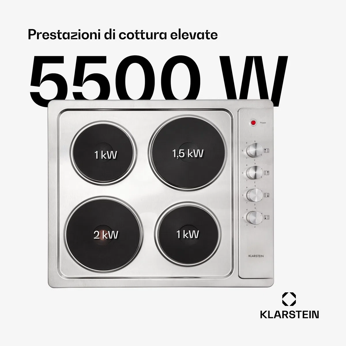 KLARSTEIN Appetito 4 - Piano Cottura a Incasso, 4 Piastre/Zone, 5500 Watt, Indicazione Calore Residuo, Manopole, 6 Livelli di Potenza, Elettrico, Acciaio Inox, Argento