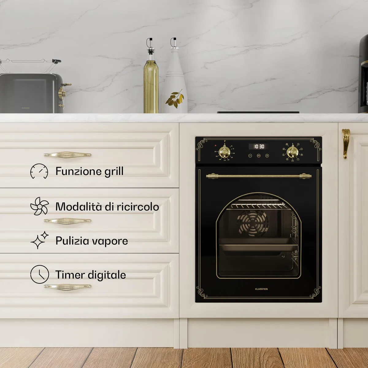 Klarstein Elizabeth Slim - Forno da Incasso, 49L, 9 Funzioni, Pulizia a Vapore, Timer Digitale, Forno Elettrico Ventilato, Sportello Rimovibile, Classe Energetica A, Design Nero, 45cm