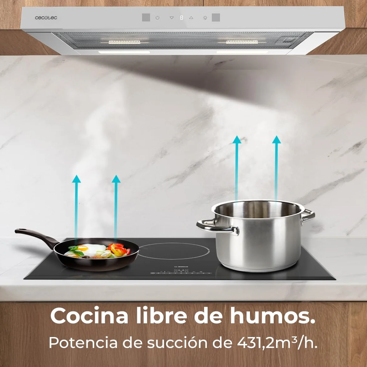 Cecotec Cappa Aspirante 60cm Telescopica Bolero Flux TLT 604400 Glass White A+++. Aspirazione 431,2m³/h, Basso Consumo, Motore DC, Controllo Movimento e Touch, Vetro Frontale Bianco, Acciaio Inox