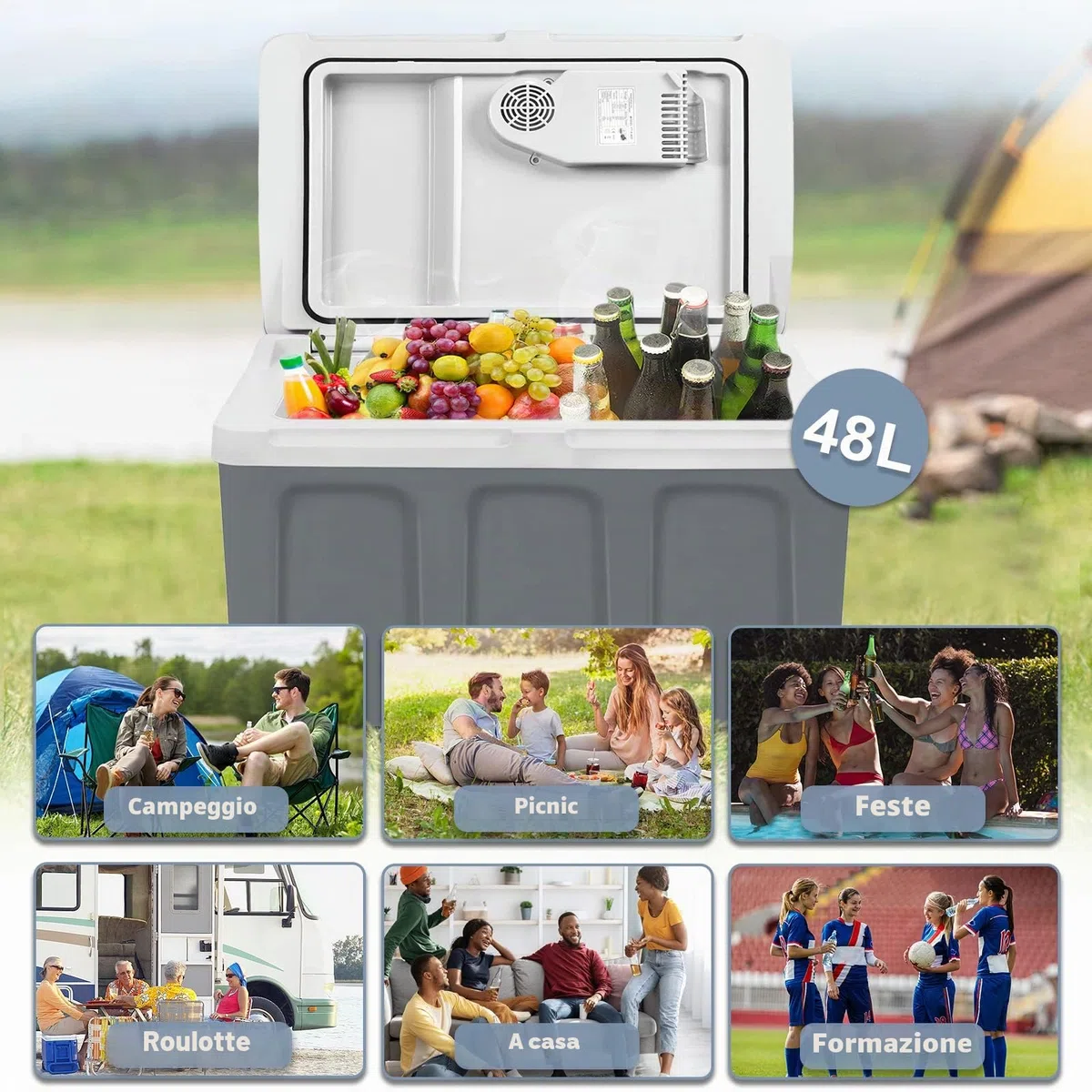UISEBRT Frigorifero portatile da 48 litri con ruote, 12 V 220 V, frigo elettrico termico con funzione di mantenimento del freddo e del caldo, con modalità ECO per auto, barca, campeggio, grigio