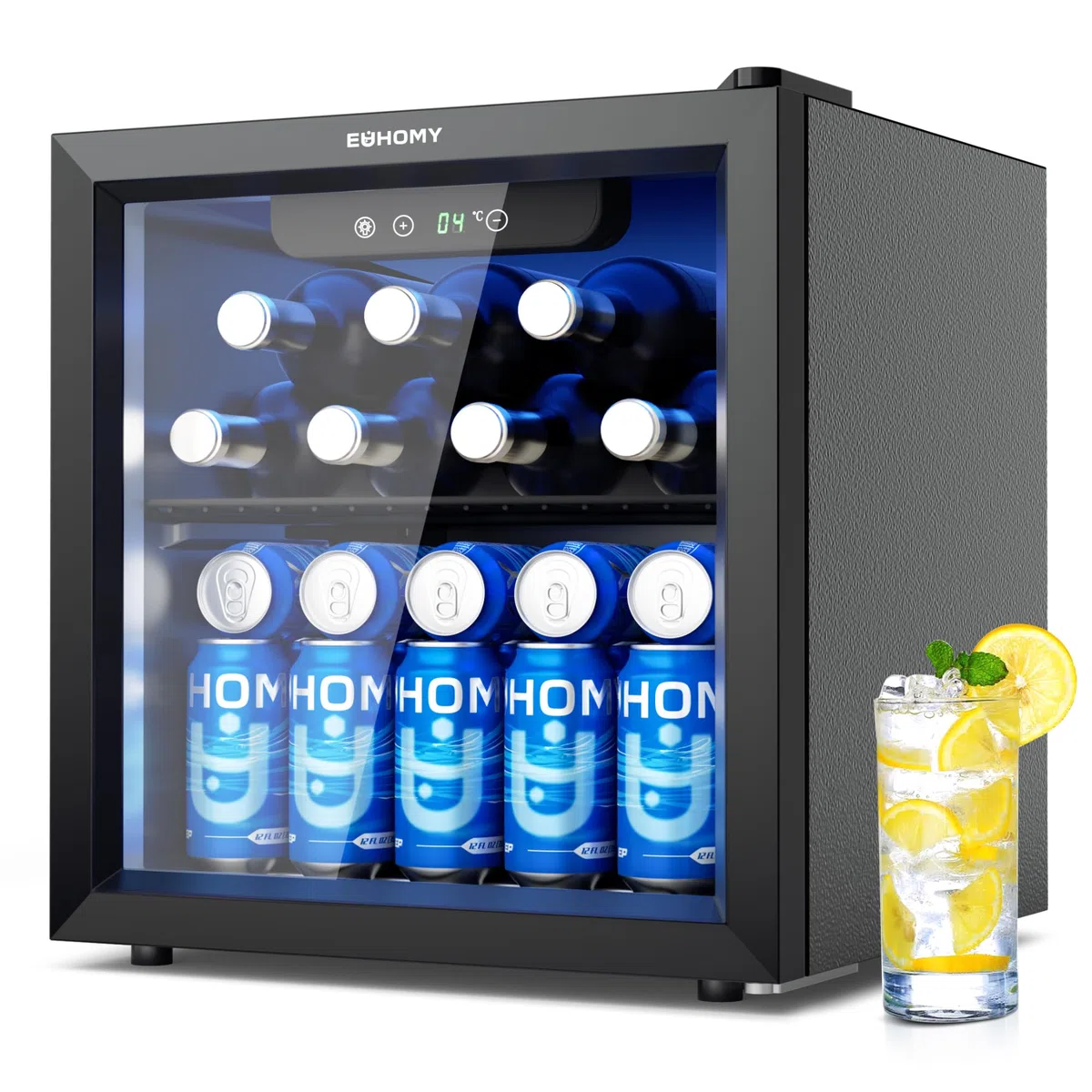 EUHOMY Frigorifero per Bevande 36L – Professional Mini Frigo per Bevande con Porta in Vetro, 2 Ripiani Regolabili, Capacità 55 Lattine, Porta Reversibile e Luce LED, per Ufficio, Camera, Bar – Nero