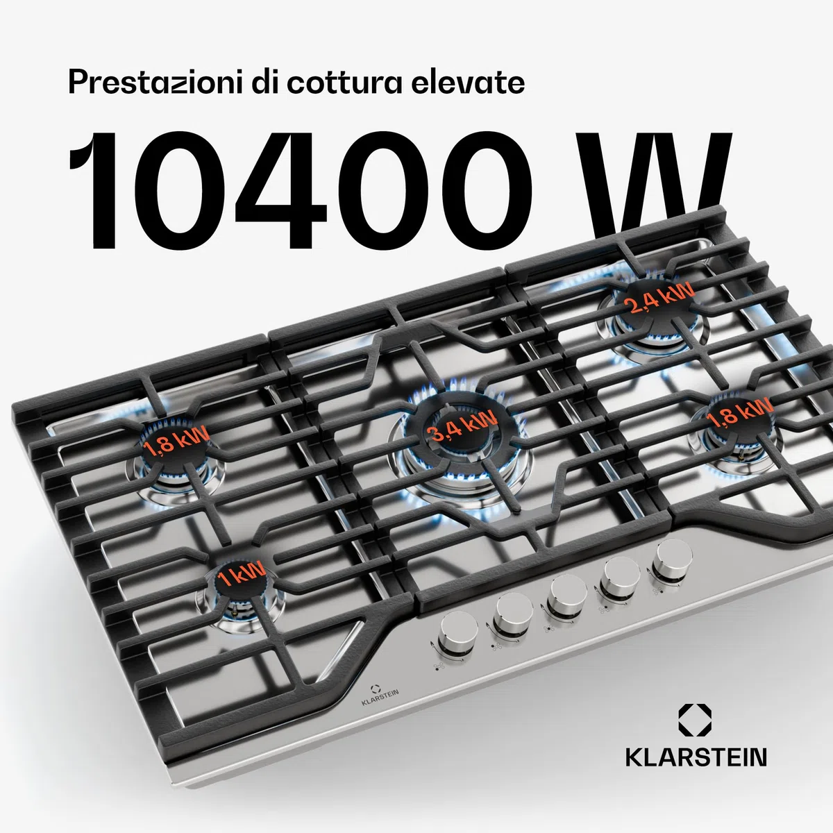 Klarstein Turbocast - Piano Cottura a Gas, 5 Bruciatori, Acciaio Inox 304, Wok: 3,4 kW, GPL, Accensione Elettrica, Supporti in Ghisa, Kit di Conversione Incluso, 910x85x510 mm