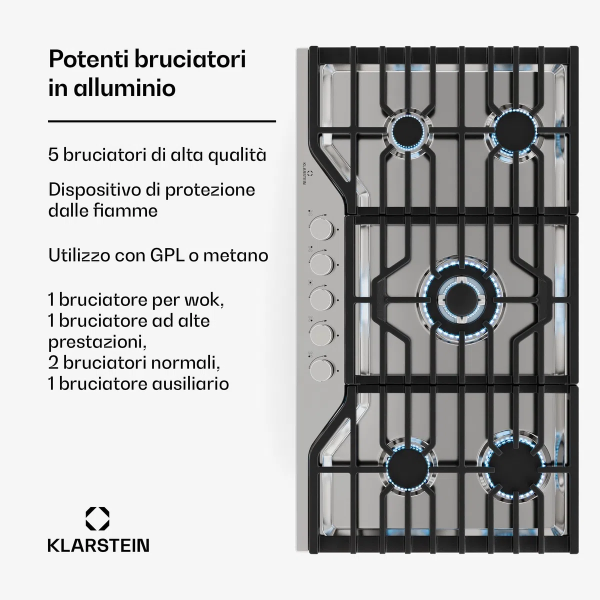 Klarstein Turbocast - Piano Cottura a Gas, 5 Bruciatori, Acciaio Inox 304, Wok: 3,4 kW, GPL, Accensione Elettrica, Supporti in Ghisa, Kit di Conversione Incluso, 910x85x510 mm