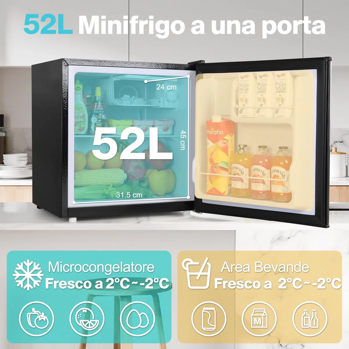 YASHE 52L Frigorifero Piccolo con Congelatore, Mini Frigo da Camera, Termostato Regolabile a 5 Livelli, Porta Reversibile e Silenzioso, Frigorifero Compatto per Ufficio, Casa e Camper