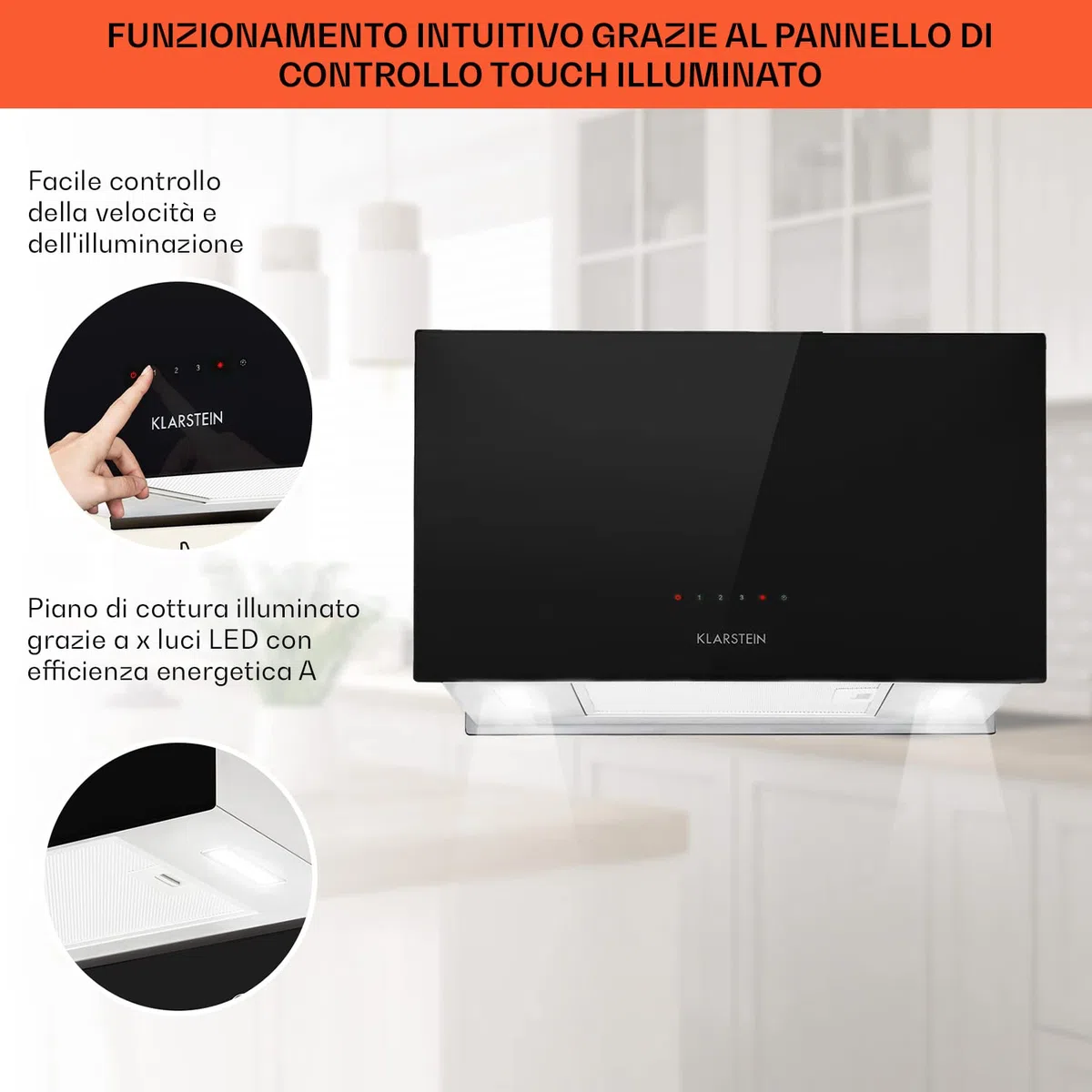 Klarstein Cappa Isola Sospesa, Cappa Cucina con Timer, Flusso d'Aria di 590m³/h, Cappa Sospesa per Isola Cucina con 3 Modalità e Filtri Antigrasso, Cappa Isola Sottopensile con Filtri a Carboni Attivi