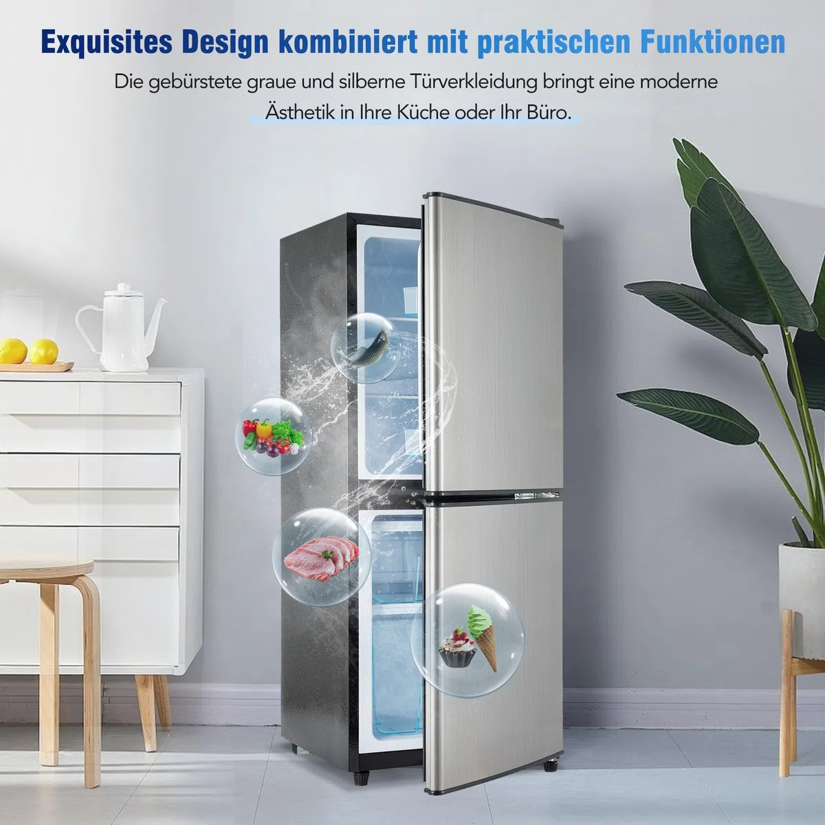 Gegtuon Frigorifero 106L, Frigo con Illuminazione a LED e Divisorio per Ripiani, Professional Frigo Bar Refrigerata con Congelatori e Porta Verstellbare per Cucina Ufficio, Classe E, 220-240V, Argento