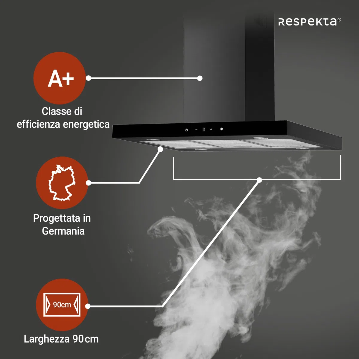 Cappa aspirante a isola, 90 cm, nero opaco, Touch Control Respekta